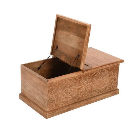 Jaipuri Carved Mango Wood Coffee Table & Blanket Box | 2-in-1 Storage – Oakvello