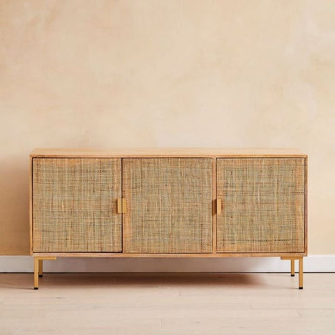 Rattan Webbed Large Solid Wood Sideboard | Boho Living Room Storage – Oakvello