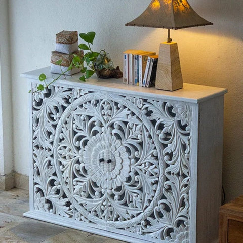 White Carved Solid Wood Sideboard | Artisan Living Room Storage – Oakvello