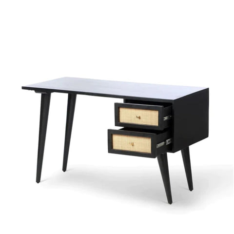 Rattan & Solid Wood Study Table | Boho Home Office Writing Desk – Oakvello
