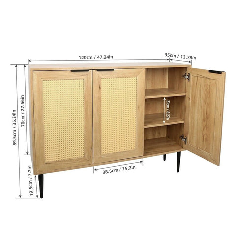 Solid Wood Storage Cabinet with 3 Rattan Doors | Boho Living Room Furniture – Oakvello