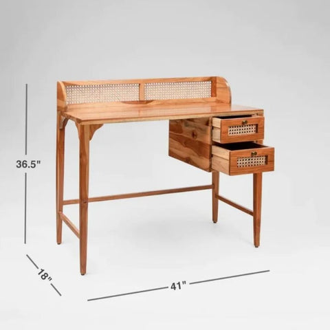 Jodhpuri Teak Wood & Cane Study Table | Handcrafted Home Office Desk – Oakvello
