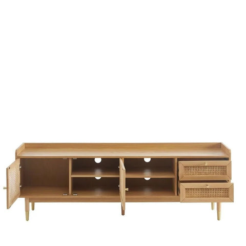 Solid Wood & Cane TV Cabinet | 2 Doors & 2 Drawers Media Console – Oakvello
