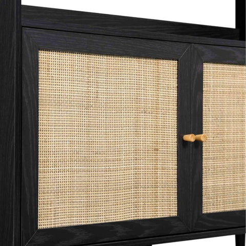 Ajmeri Black Rattan Solid Wood Bookshelf | Boho Living Room Storage – Oakvello