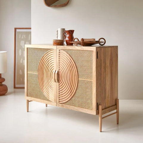 Solid Wood & Rattan Sideboard | Boho Living Room Storage Cabinet – Oakvello