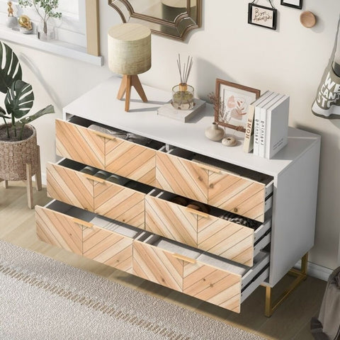 6-Drawer Wooden Storage Cabinet with Metal Legs - White
