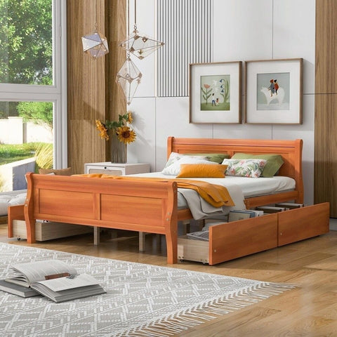 Solid Wood King Size Bed with 4 Drawers | Streamlined Bedroom Furniture – Oakvello