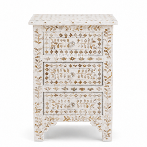 Grey Floral Bone Inlay 2-Drawer Bedside Table – 60 x 40 x 30 cm