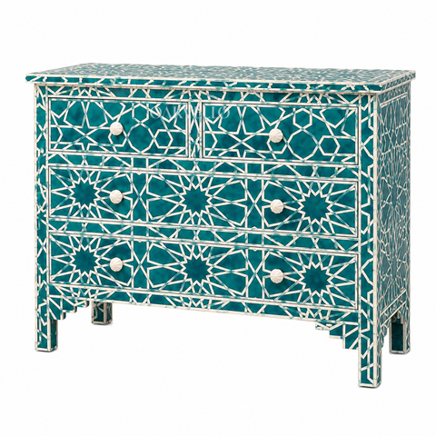 Teal Geometric Bone Inlay 4-Drawer Chest of Drawers