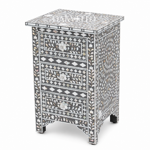 Charcoal Floral Vine Bone Inlay Bedside Table with Three Drawers