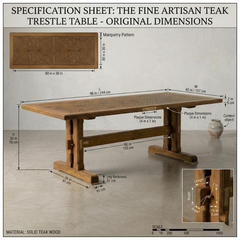 Mandala Anchor Teak Wood Dining Table | Marquetry Trestle Design – Oakvello