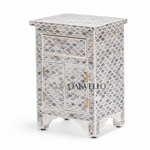 Bone Inlay Moroccan Trellis 1-Drawer 2-Door Bedside Cabinet – Grey & White