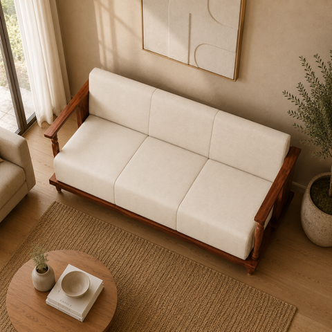 Crest Wood Sofa | Sheesham Wood & Cane 3-Seater Sofa | Oakvello