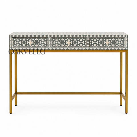 Bone Inlay Floral Medallion 3-Drawer Console Table – Sage Green & White