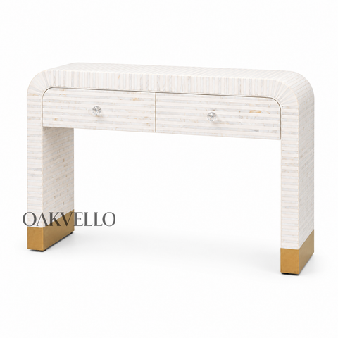 Ivory Bone Inlay Arch Console Table with Gold Brass Feet