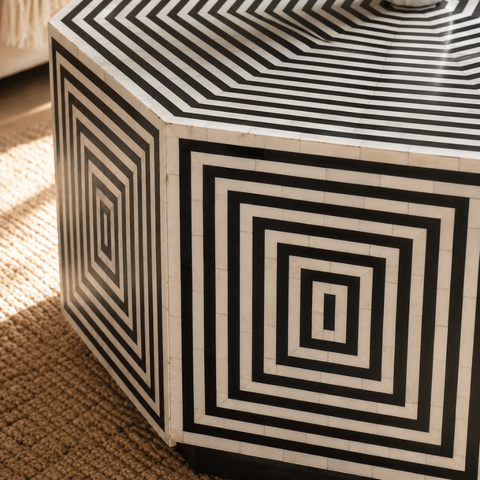 Octagonal Bone Inlay Geometric Coffee Table | Black & White |