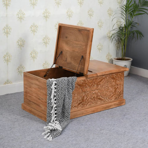 Jaipuri Carved Mango Wood Coffee Table & Blanket Box | 2-in-1 Storage – Oakvello