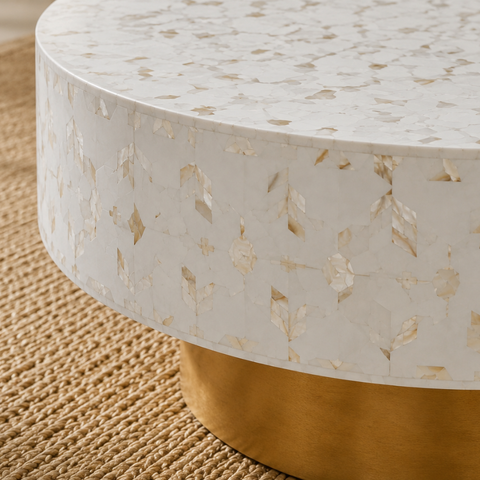 Round Pearl Inlay Coffee Table with Brass Gold Base | 90cm