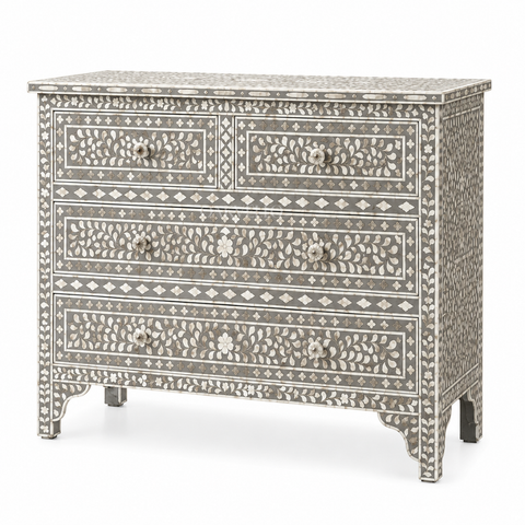 Grey Floral Bone Inlay 4-Drawer Chest of Drawers