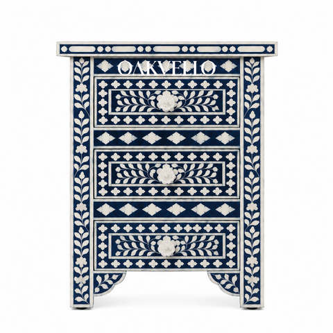 Indigo Garden Floral & Diamond Bone Inlay 3-Drawer Bedside Table