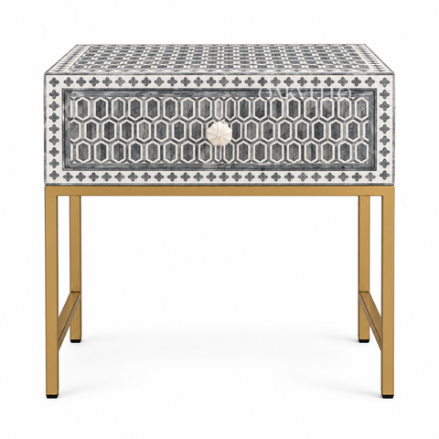Bone Inlay Geometric Single Drawer Bedside Table with Gold Metal Legs – Grey & White