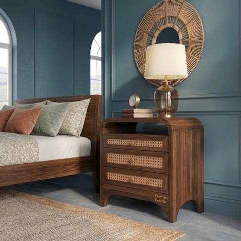 Aethel Teak Wood Cane Bedside Table | Mid-Century Nightstand – Oakvello