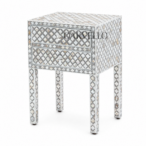 Moroccan Trellis Grey & White Bone Inlay 2-Drawer Bedside Table
