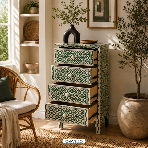 Bone Inlay Geometric Tall Chest of Drawers – Forest Green