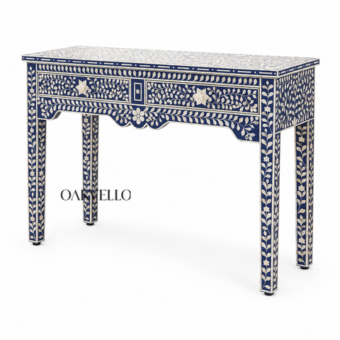 Bone Inlay Floral Console Table – Navy Blue & White