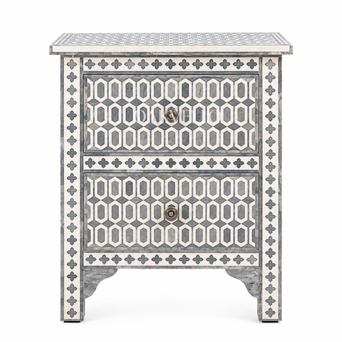 Bone Inlay Geometric 2-Drawer Bedside Table – Grey & White