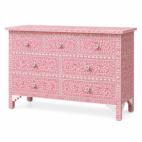 Pink Floral Bone Inlay 7-Drawer Dresser