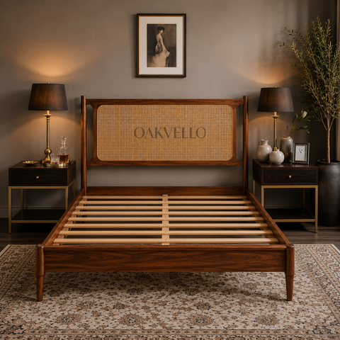 Riviera Rattan Bed – Solid Teakwood & Cane Headboard