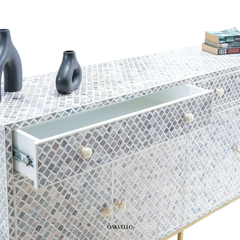 Bone Inlay Moroccan Trellis 4-Door Sideboard – Grey & White