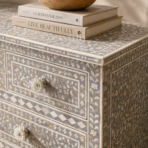 Grey Floral Bone Inlay 7-Drawer Chest of Drawers