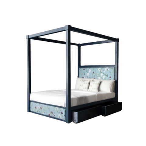 Celestia Floral Four-Poster Bed | Tufted Headboard with Built-in Storage
