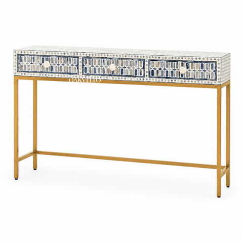 Bone Inlay Geometric 3-Drawer Console Table – Grey & White