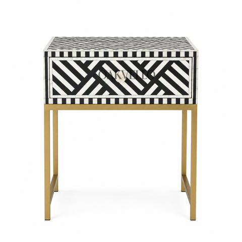 Noir Lattice Bone Inlay Bedside Table with Gold Frame