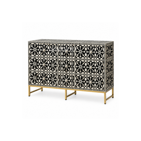 Bone Inlay Geometric 9-Drawer Sideboard – Black & White