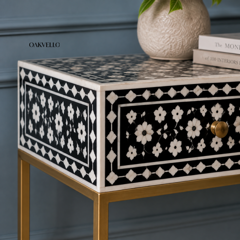 Noir Bloom Console Table | Black & White Bone Inlay with Brass Knobs