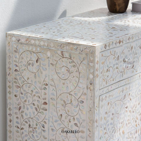 Shell Inlay Floral 4-Door Sideboard – Ivory White