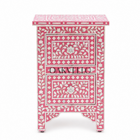 Blush Rose Floral Bone Inlay 2-Drawer Bedside Table