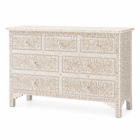 Bone Inlay Floral 7-Drawer Wide Dresser – White