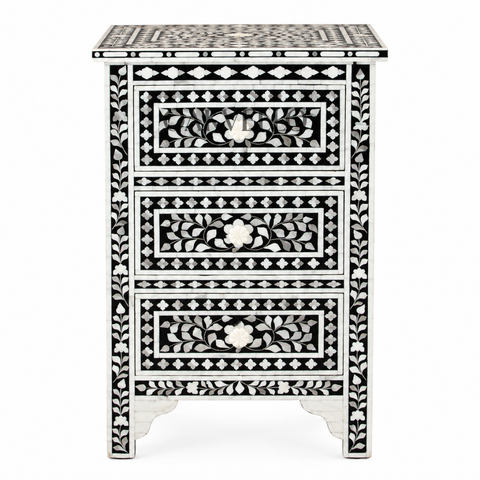 Noir Bloom Bone Inlay Bedside Table