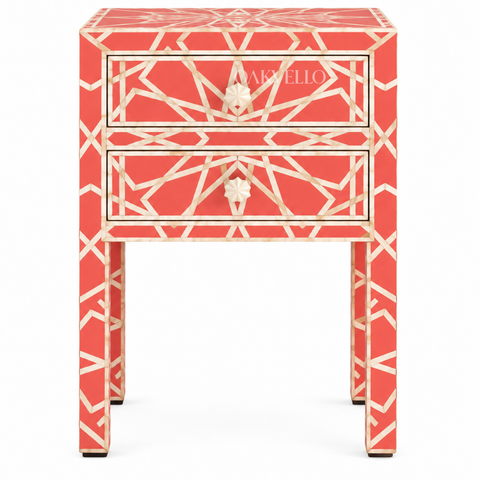Bone Inlay 2-Drawer Nightstand – Coral Red Trellis & Geometric Pattern