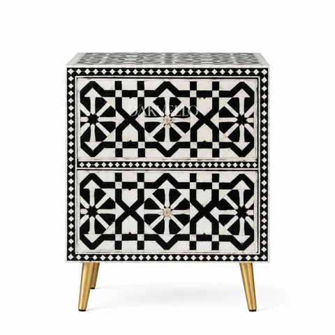 Bone Inlay Geometric Star 2-Drawer Bedside Table – Black & White