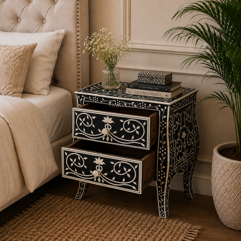 Black Floral Scroll Bone Inlay Bedside Table