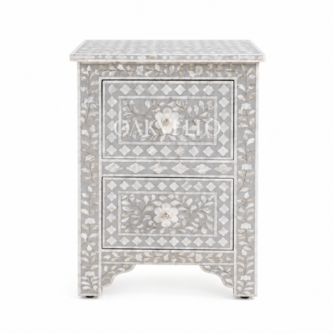Grey Floral Bone Inlay 2-Drawer Bedside Table