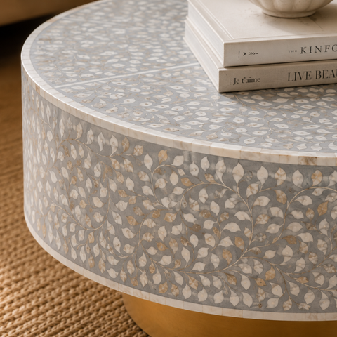 Round Bone Inlay Floral Coffee Table with Brass Gold Base