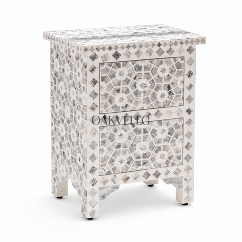 Silver Star Shell Inlay Bedside Table with Double Drawers