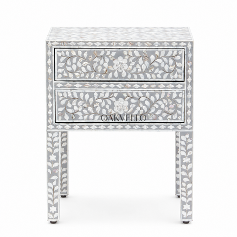 Ivory Floral Bloom Bone Inlay Bedside Table with Double Drawers